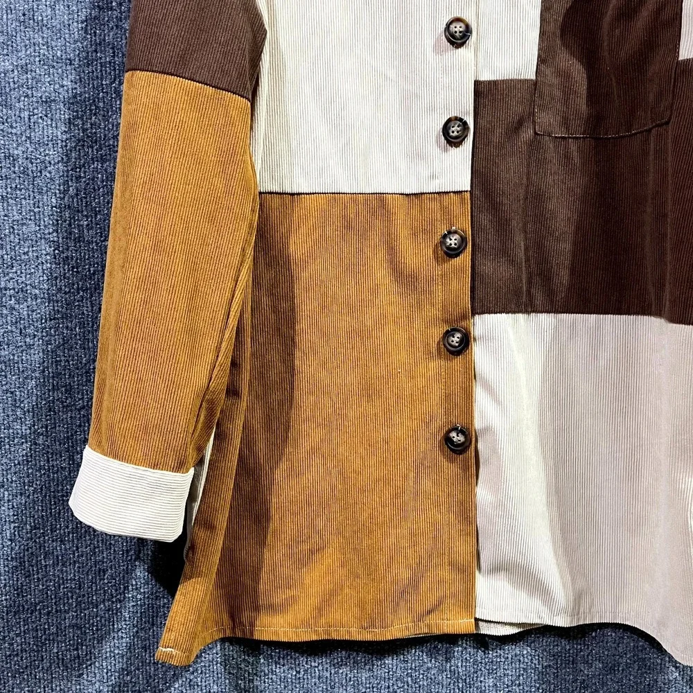 Shein Patchwork Corduroy Shacket‎ Womens L Multi Colorblock Button Up Outdoor